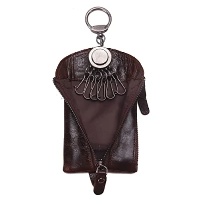 Image of Contacts Genuine Leather Zipper Coin Pocket Purse Car Key Case Holder Keychain Wallet Dark Brown(Size: one size)