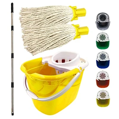 Image of Floor Mop and Bucket Set 2PC Mops for Cleaning Floors with Bucket, Pure Yarn Heads Heavy Duty Industrial Domestic Commercial Use (Yellow)
