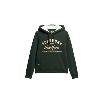 Image of Superdry LUXE Metallic LOGO Hoodie, Women&#039;s, Size: 10, Academy dark green
