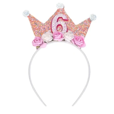 Image of Birthday Crown,Crown Headbands girl headband Flower Pink Princess Tiara 6th Years Old Headpiece Glitter Hair Band Decorations Accessory for Women and Girls