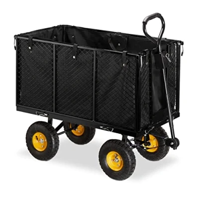 Image of Relaxdays Heavy Duty Cart, Large Trolley, Folding Sides, Removable Sack with Handles, Wagon, up to 500 kg, Black/Yellow