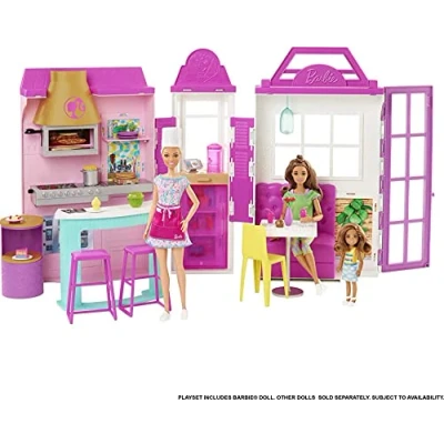 Image of Barbie Cook ‘n Grill Restaurant Playset with Doll, 25+ Pieces &amp; 6 Play Areas Including Kitchen, Pizza Oven, Dining Booth, Gift for 3 to 7 Year Olds