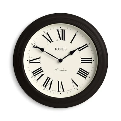 Image of Jones Clocks® Supper Club wall clock Large classic round 40cm Black Roman numerals Traditional design ideal for kitchen or living room