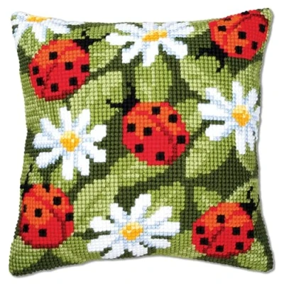Image of Vervaco Ladybird and Flowers Cross Stitch Cushion, Multi Colour