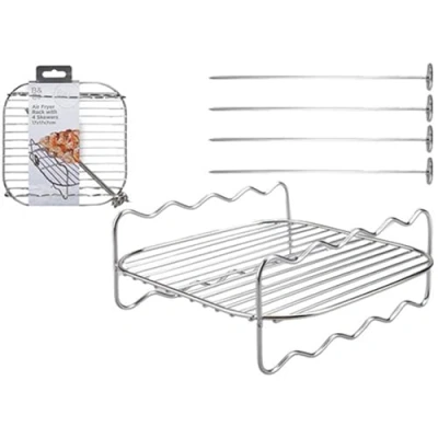 Image of Square Air Fryer Skewer Grill Rack with 4 Metal Kebab Vegetable Skewers 17cm x 7cm
