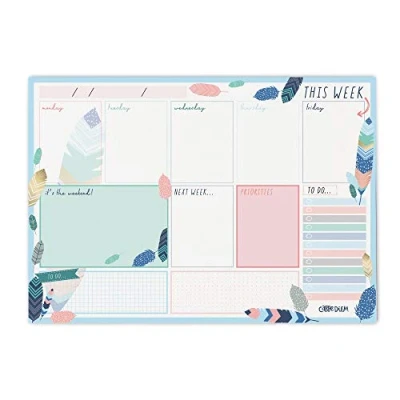 Image of Pukka Pad Carpe Diem Weekly Planner for Daily Organization, Scheduling, &amp; Appointments Includes To Do List, Weekend, Priority Sections, 60 Sheets Tear Off Sheets, 11.7 x 8.3in, Feathers