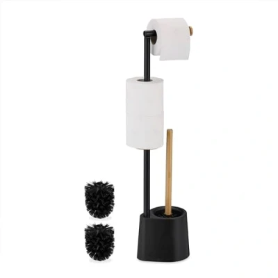 Image of Relaxdays WC Set, Bamboo, Stainless Steel, Free Standing, 2 Spare Heads, Toilet Roll &amp; Brush Holder, Black, 66.5 x 16 11 cm