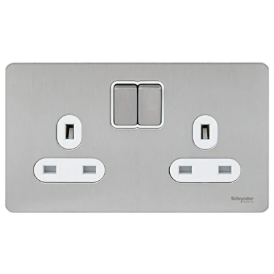 Image of Schneider Electric Ultimate Screwless Flat Plate Double Switched Power Socket, 13A, GU3420WSS, Stainless Steel with White Insert