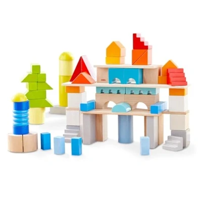 Image of HABA Basis Wooden Building Blocks 85 Colourful with Cotton Bag Made in Germany ToyAward Winner 2024 For Children from 1 Year 2010921001