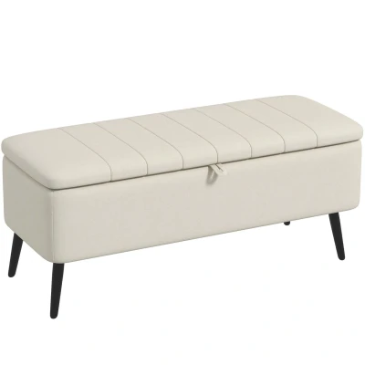 Image of HOMCOM Storage Ottoman with Flip Top, Rectangular Upholstered Bench, Linen Fabric Footstool Steel Legs for Living Room, Bedroom, Cream White