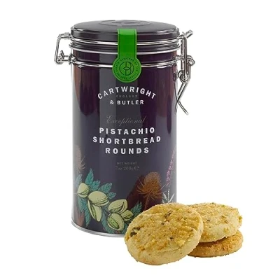 Image of Cartwright &amp; Butler Pistachio Shortbread In Tin Gift Basket, Birthday Treats, Thank You Gift, Thinking of You, Father&#039;s Day