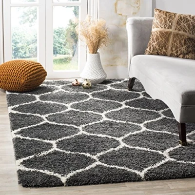 Image of SAFAVIEH Shaggy Rug for Living Room, Dining Bedroom Hudson Shag Collection, High Pile, in Dark Grey and Ivory, 155 X 229 cm