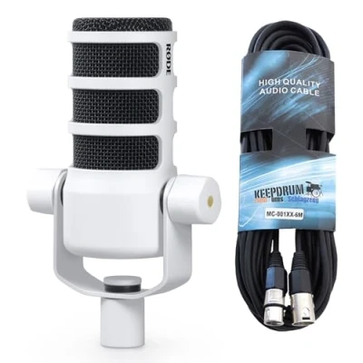 Image of RØDE Rode Podmic Professional Podcast Microphone White + Keepdrum XLR Cable