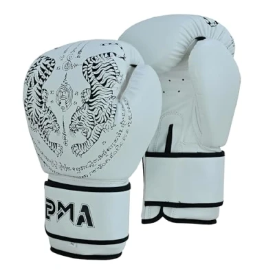 Image of Playwell Matte White &quot;Twin Tiger&quot; Muay Thai Boxing Gloves NEW (14oz)