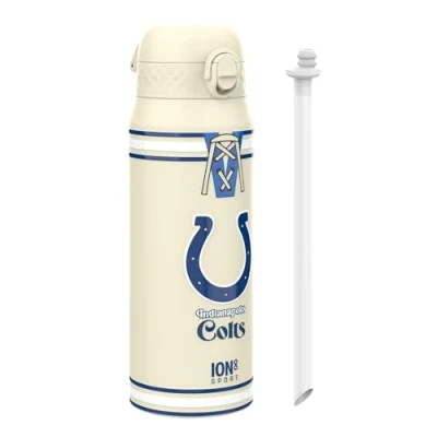 Image of Ion8 NFL Colts Sports Thermal water Bottle with Removable Straw, 750ml/24oz, Leak proof Vacuum Insulated Drinking Bottle, Easy to Open, Secure Lock, Dishwasher Safe, Flip Cover, Metal