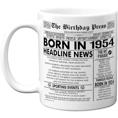 Image of Stuff4 70th Birthday Mug Gift for Men Women Born in 1954 Newspaper Happy 70 Gifts Grandad Grandma Nan Vintage Retro Back Age Seventy Bday, 11oz Ceramic Coffee Mugs