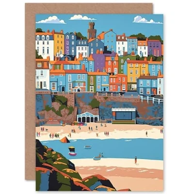 Image of Artery8 Tenby Castle Beach in Wales Colourful Townscape Travel Birthday Sealed Greeting Card Plus Envelope Blank inside
