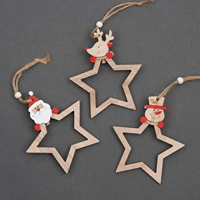 Image of SHATCHI Christmas Tree Ornaments Wooden Aesthetic Hanging Decorations set of 3 pcs Xmas DIY Holiday Home Décor Star Shape Santa, Reindeer, Snowman pieces(9cm)