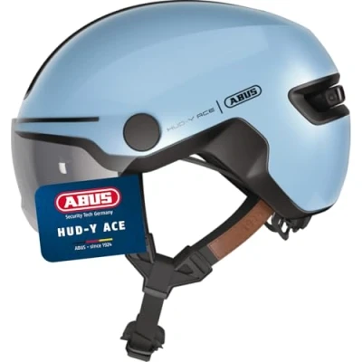 Image of ABUS HUD Y ACE city helmet stylish bike with visor and magnetic, rechargeable rear LED light for men women blue, size L