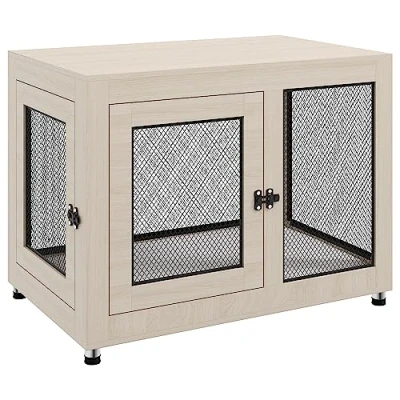Image of PawHut Dog Crate Furniture End Table w/Soft Washable Cushion, Two Doors, Indoor Pet Kennel for Small Medium Large Dogs w/Wire Mesh, Oak