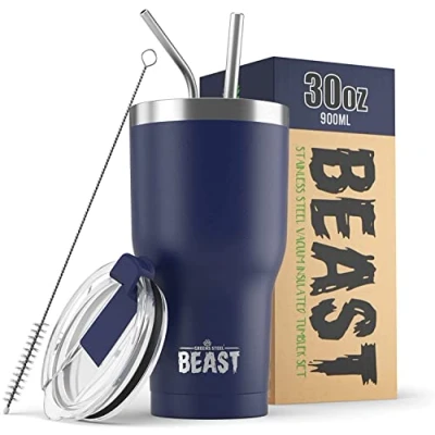 Image of Beast Tumbler 900 ml (30 oz), Royal Blue Reusable Stainless Steel, Vacuum Insulated Cup with + 2 Straws &amp; Cleaning Brush Double Wall Travel Flask Perfect for Hot or Iced Coffee BPA Free