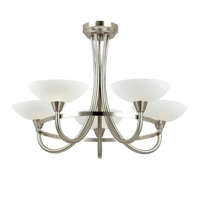 Image of Cagney 5 Light Semi Flush Multi Arm Ceiling Satin Chrome, White Painted Glass with Faint Line Pattern, G9