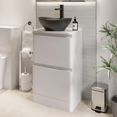 Image of Affine® 500mm Vanity Unit Bathroom Floor Standing Storage Cabinet Cupboard Cloakroom, Soft Close Drawers, Roubaix Black Countertop Basin Sink, White Gloss