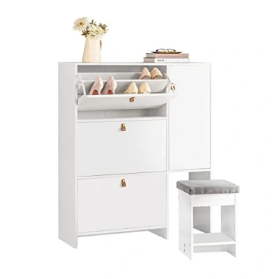 Image of SoBuy FSR107 W, Hallway Shoe Cabinet Rack Storage Cupboard Organizer Unit with 3 Drawers 1 Door and Stool