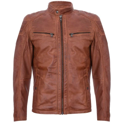 Image of Mens Tan Leather Jacket Vintage Quilted Retro Racing Zipped Biker 5XL