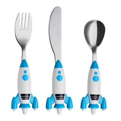 Image of Exzact Childrens Cutlery 3pcs Set Stainless Steel/Kids Flatware BPA Free, Dishwasher Safe 24 Month+ (Spaceship)