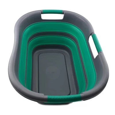 Image of SAMMART 30L Collapsible Plastic Laundry Basket Foldable Pop Up Storage Container/Organizer Portable Washing Tub Space Saving Hamper/Basket (Dark Grey/Bluish Green)