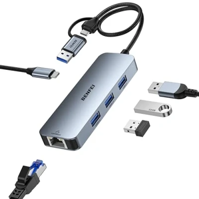 Image of BENFEI USB C 3.0 to Gigabit Ethernet Adapter, 3 Port Hub with RJ45 &amp; DC 5V/2A Compatible MacBook Pro/Air 2023, iPad Pro, iMac, S23, XPS 17, Surface Book and More