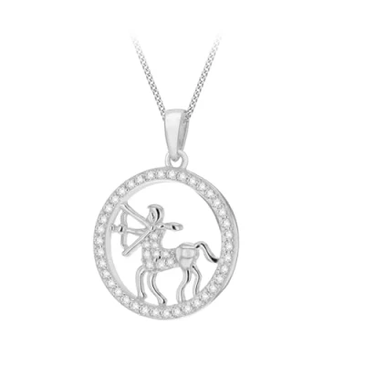 Image of Tuscany Silver Women&#039;s Sterling Rhodium Plated CZ Sagittarius Horoscope Round Pendant on Curb Chain 46cm/18&quot;