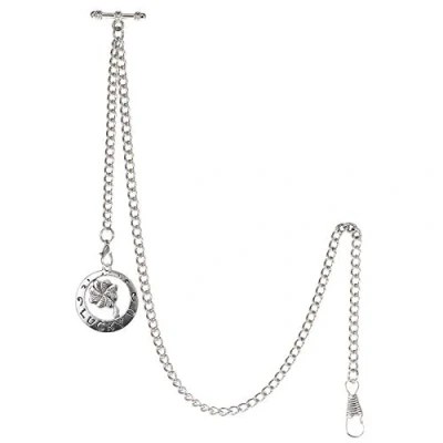 Image of TREEWETO Men&#039;s Albert Chain Pocket Watch Curb Link Key 2 Hooks with Antique Lucky Four Leaf Clover Silver Pendant Design Charm Fob T Bar