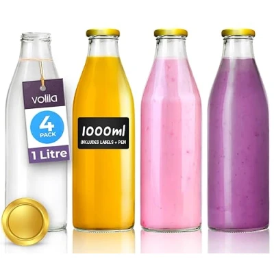 Image of Glass Milk Bottles with Lids 1L 4 Pack Reusable Bottle for Beverages, Sauces, Storage Container and Decor Leakproof Lids, Labels Pen (Gold Lid)