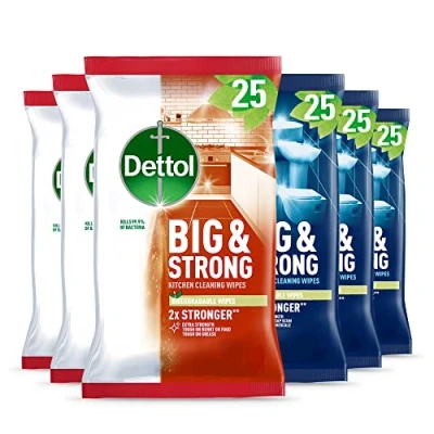 Image of Dettol Antibacterial Biodegradable Kitchen And Bathroom Cleaning Wipes, Pack of 3 X Power Pure Wipes 25 Per Pack, 150 count, 6