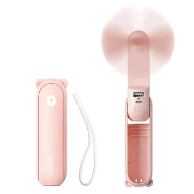 Image of JISULIFE Handheld Fan, 3 IN 1 Mini Hand Portable USB Rechargeable Small Pocket Battery Operated Fan [12 19 Working Hours] with Power Bank, Flashlight Feature for Women,Travel Pink