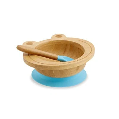 Image of BIOZOYG Bamboo Bowl Set Frog I Suction Cup with Spoon FSC Certified Great Wooden for Kids Baby Porridge &amp; Cereal Tableware Blue