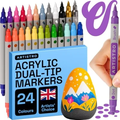 Image of ARTISTRO Acrylic Paint Pens, Markers Dual Tip Markers, for Fabric, Canvas, Rock, Glass, Wood, Paper, DIY, (Dual Dot + Brush, 24)