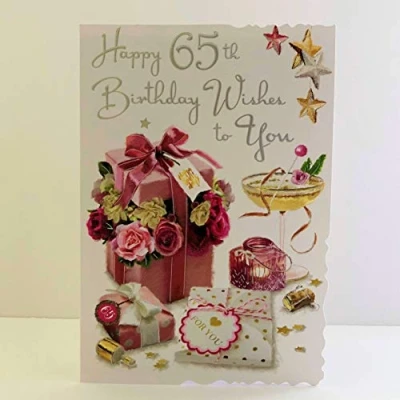 Image of Jonny Javelin Female Age 65 65th Birthday Wishes Card Champagne Present Cupcake Flowers