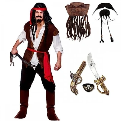 Image of Adult Mens Caribbean Captain Jack Pirate Fancy Dress Costume + Hat With Hair &amp; Beads Beard Tash 3 Piece Accessory Set (M)