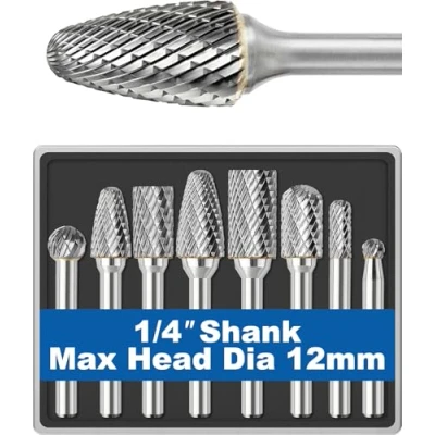 Image of Sworker Carbide Burr Set 1/4&quot; Shank 8PCS w/Wood Base Die Grinder Bits Rotary Rasp File for Metal Welds Concrete Stone Wood Plastic Carving Cutting Cleaning Grinding Engraving Porting Polishing