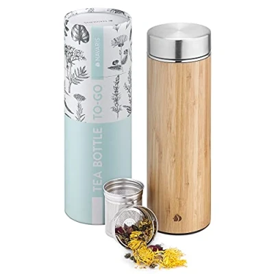 Image of Navaris Glass Tea Bottle 500ml Bamboo Infuser with Removable Stainless Steel Strainer, Screw Top Lid Travel