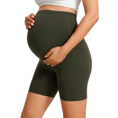 Image of CRZ Yoga Women&#039;s Butterluxe 6&quot; Maternity Shorts Over The Belly Bump Sports Biker Pregnancy Leggings Olive Green 10