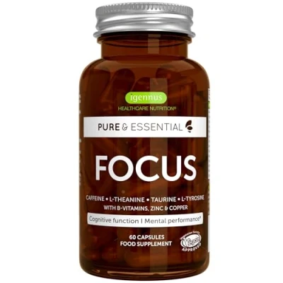 Image of Focus Nootropic Brain Supplement for Concentration with Methylated B Vitamins, Taurine, L Tyrosine, Theanine &amp; 200mg Caffeine, Zinc and Copper, 60 Capsules, by Igennus