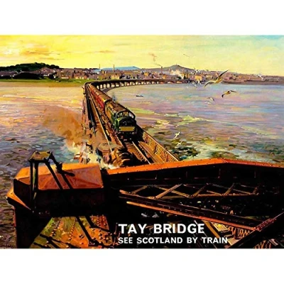 Image of Wee Blue Coo Travel Transport Railway Train Tay Bridge Dundee Scotland River Art Print Poster Wall Decor 12X16 Inch