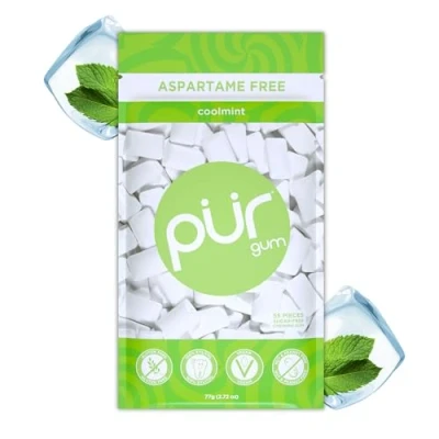 Image of PUR Gum Sugar Free Chewing Made with Xylitol Vegan, Aspartame Free, Gluten &amp; Keto Friendly Natural Coolmint Flavoured Gum, 55 Pieces (Pack of 1)
