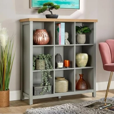 Image of Home Source Storage Cube Bookcase, 9 Shelf Wooden Display Unit, Oak Effect Top, Grey, Engineered Wood, Large