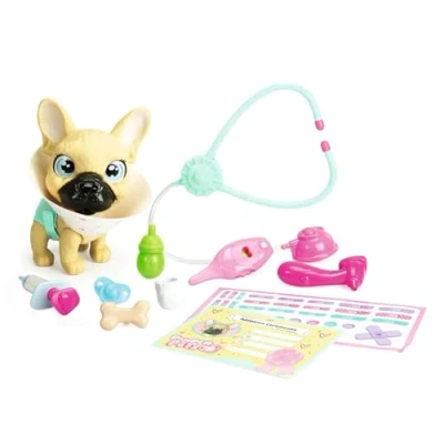 Image of SIMBA 105950056 Pamper Petz Dog Doctor, 17 cm Frenchie with Drinking and Wet Function, Nappy Colour Change Over 10 Doctor Accessories, Head Legs Movable, Sound, from 3 Years