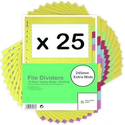 Image of [25 Pack] A4 File Dividers, Folder dividers Extra Wide for Lever Arch Files, 10 Part Durable Ring Binders
